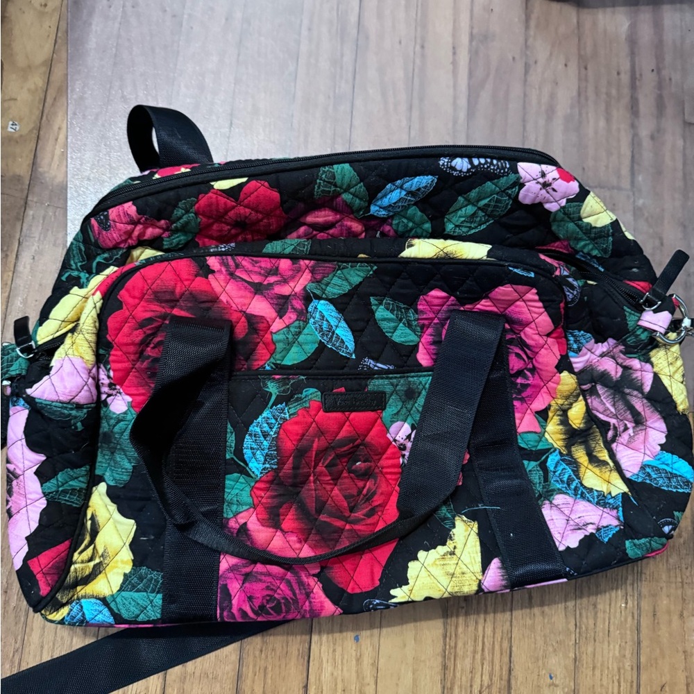 Vera Bradley Black Quilted Travel Bag with Red, Yellow & Pink Rose Print